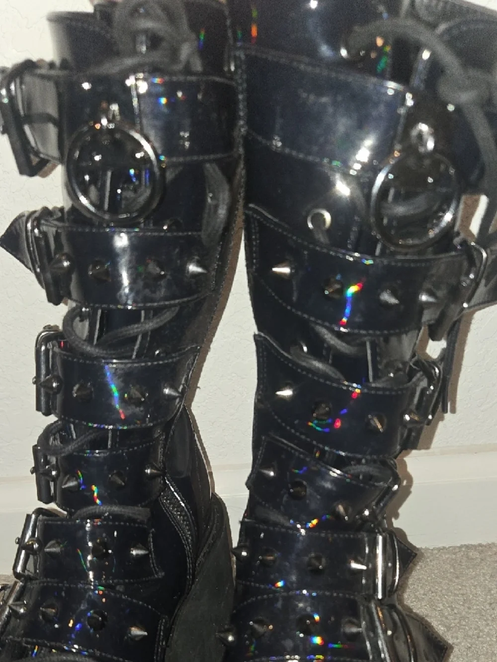DEMONIA Black Mid-Calf Boots with‎ Hologram Detail Size 6